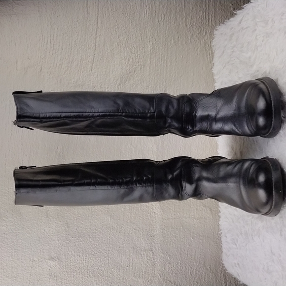 Pie Libre Italian Black Leather Almond Toe Side Zipper Low Heel Casual Tall Boot - Picture 2 of 13